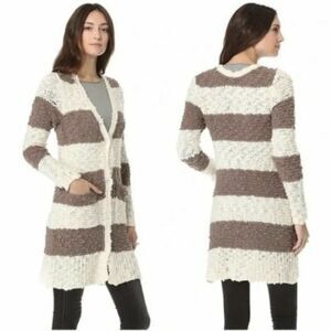 Free People Womens S Cream and Brown Cuddle Bear Striped Boucle Knit Cardigan